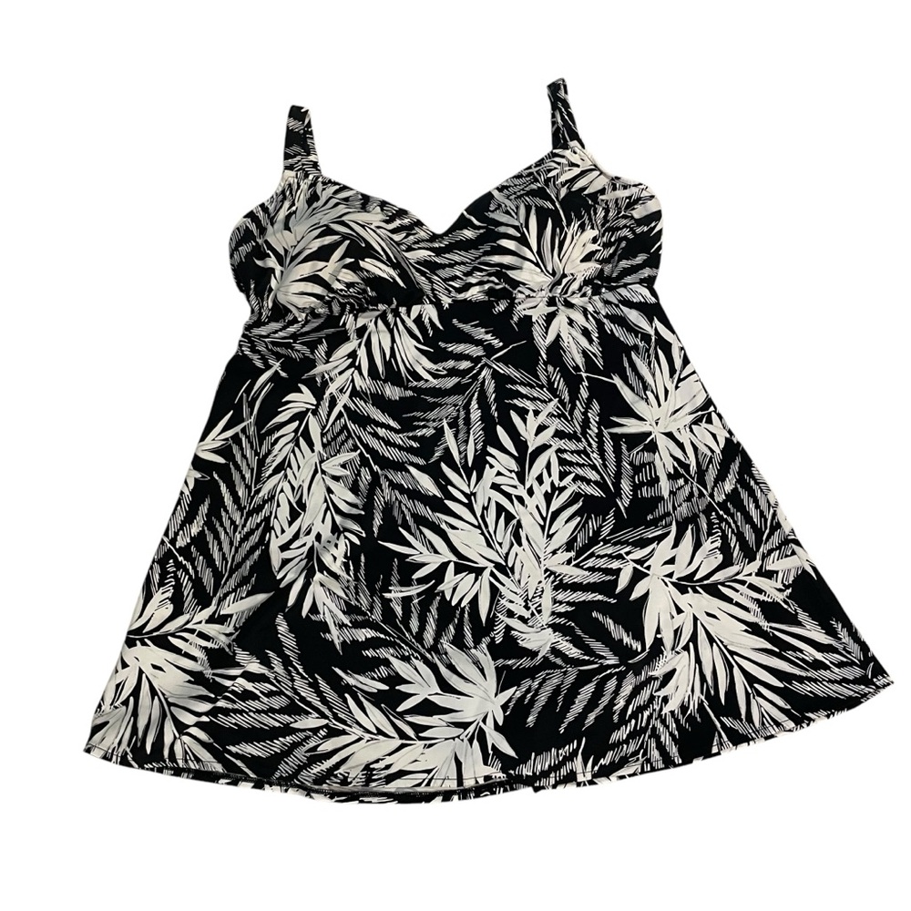 Unworn One Piece Swim Dress Black and White Leaf Print Silver Accents Size 22 W